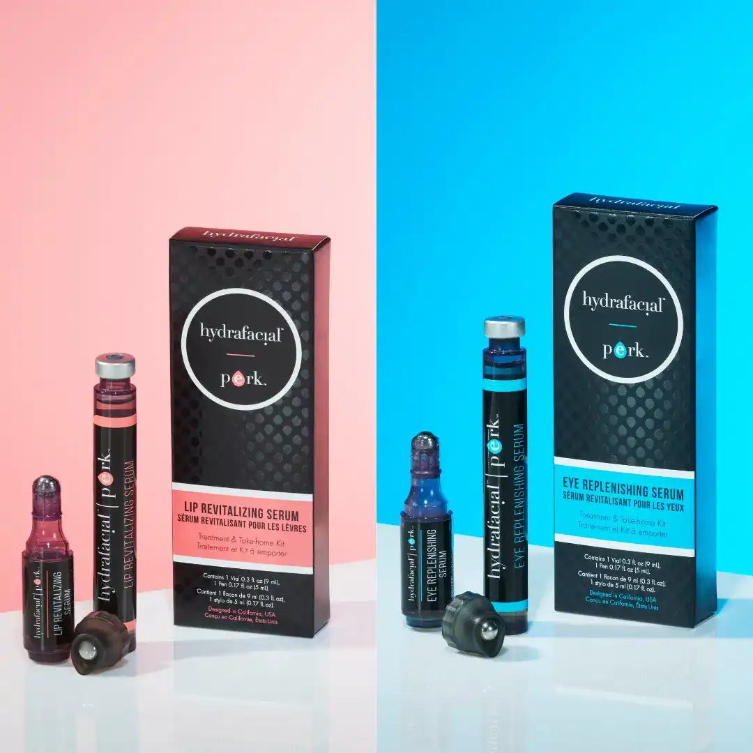 Lip and eye serums by Perk, shown with packaging on gradient backgrounds.