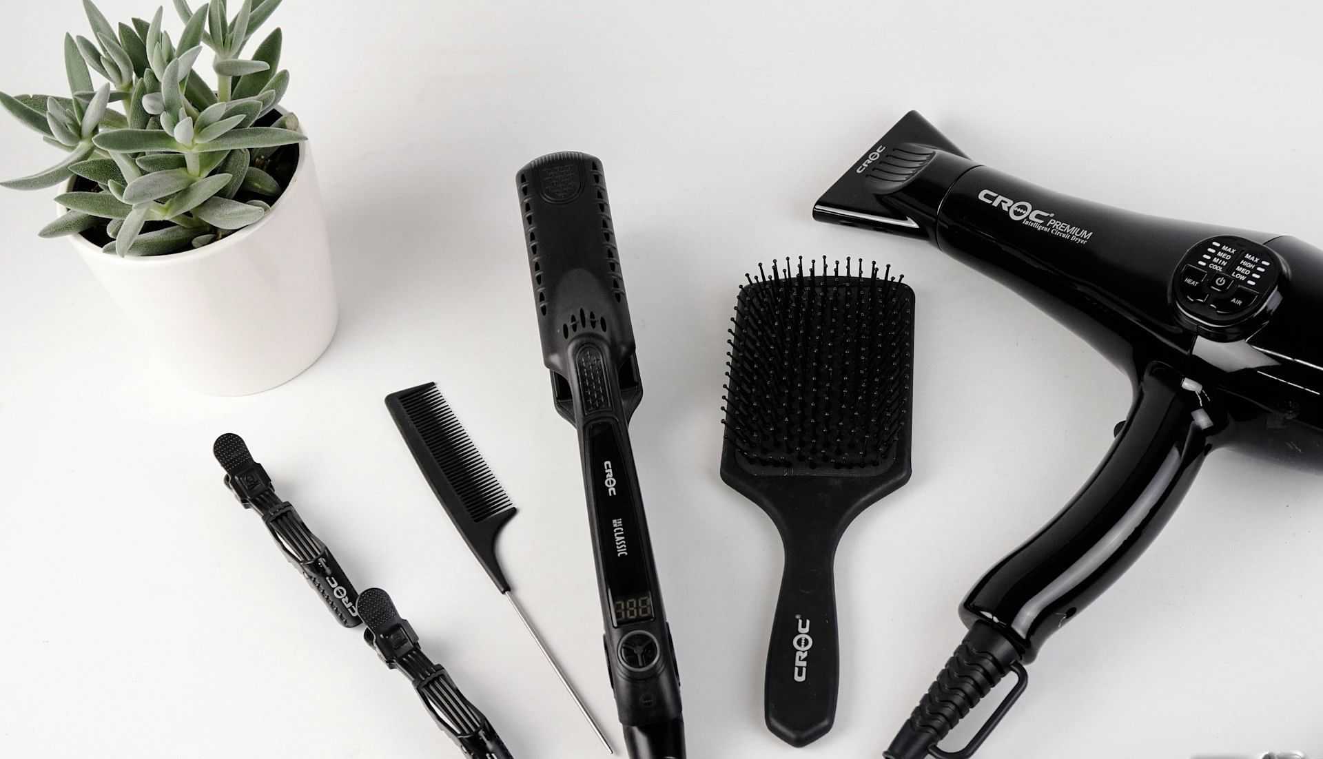 Hair styling tools and a plant on a white background.